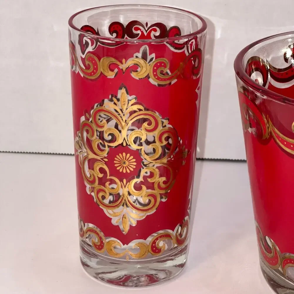 Starlyte Culver Red & 24K Gold Baroque Medallion Cocktail Ice Bucket & 2 Gasses